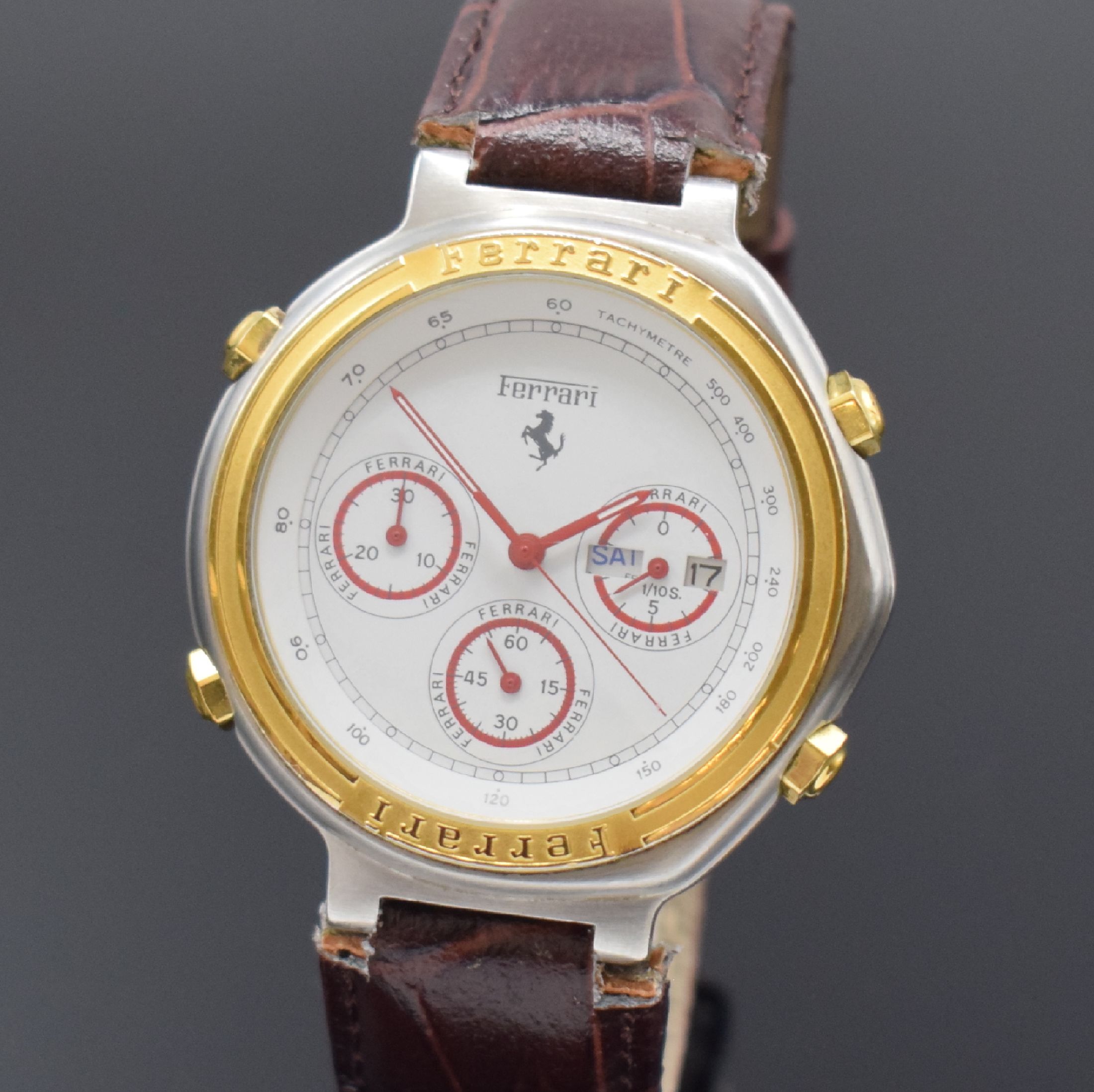 Detail a: FERRARI Herrenarmbanduhr mit Chronograph in Stahl, Schweiz um 1990, quarz, Boden verschr., weißes Zifferbl. m. roten Leuchtzeigern, kl. Sek. b. 6, ...