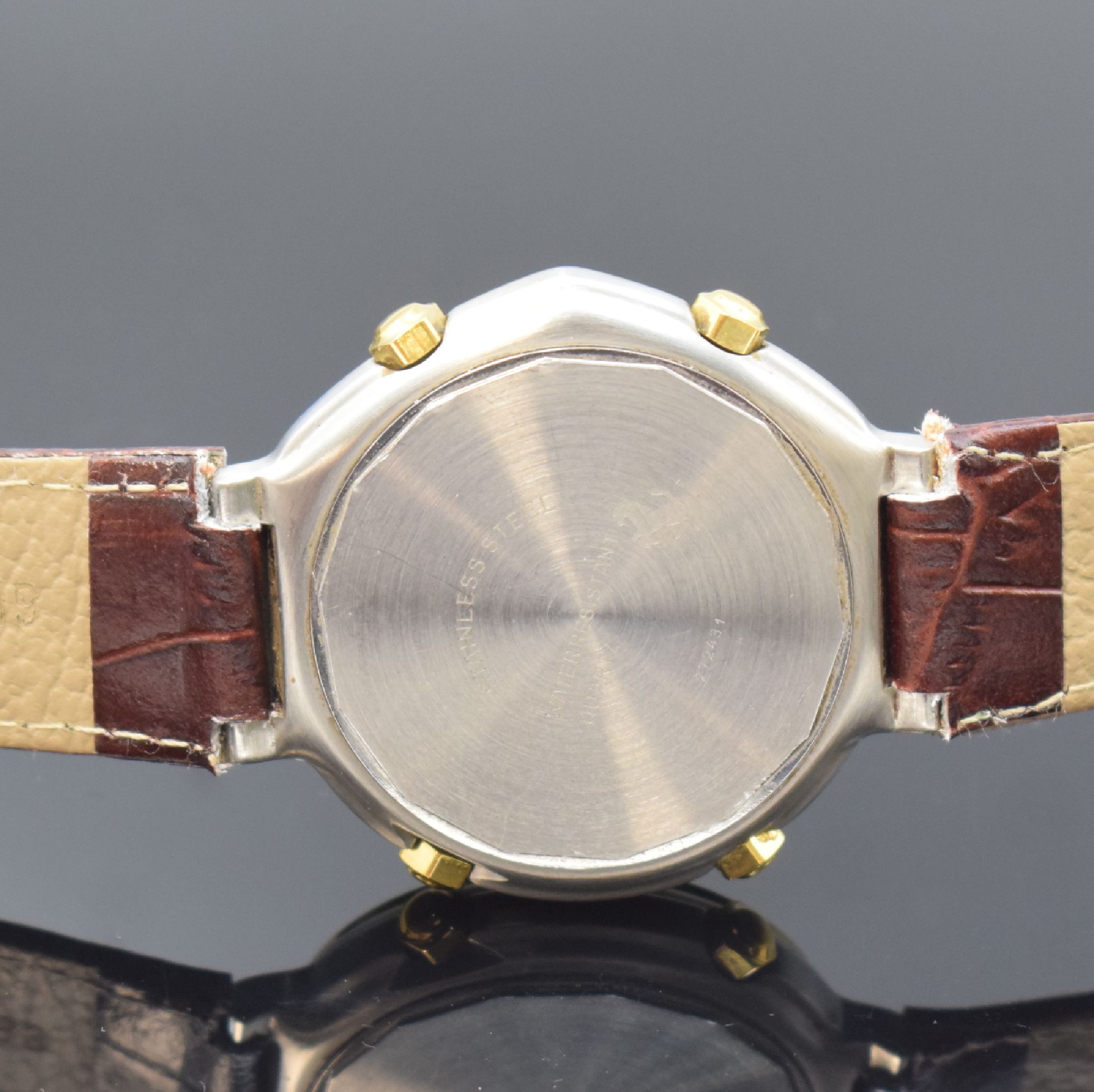 Detail d: FERRARI Herrenarmbanduhr mit Chronograph in Stahl, Schweiz um 1990, quarz, Boden verschr., weißes Zifferbl. m. roten Leuchtzeigern, kl. Sek. b. 6, ...