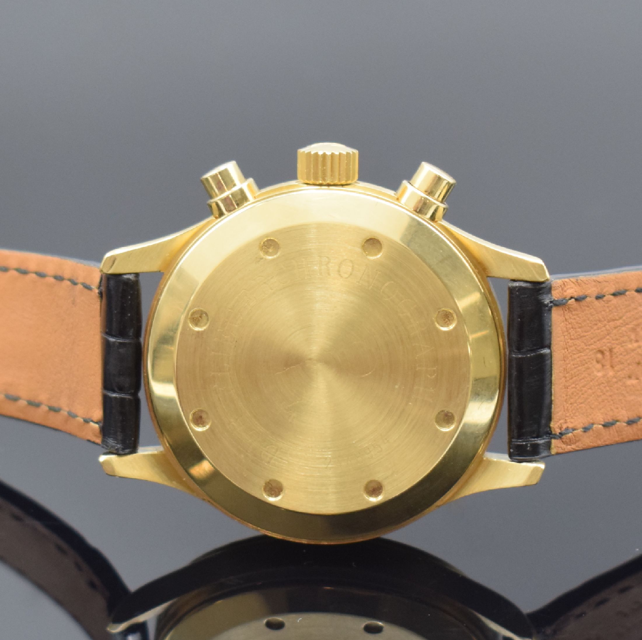 Detail e: IWC seltene Herrenarmbanduhr "Der Fliegerchronograph" in GG 750/000 Referenz 3740, Schweiz um 1995, quarz, Lederband m. orig. GG 750/000 ...