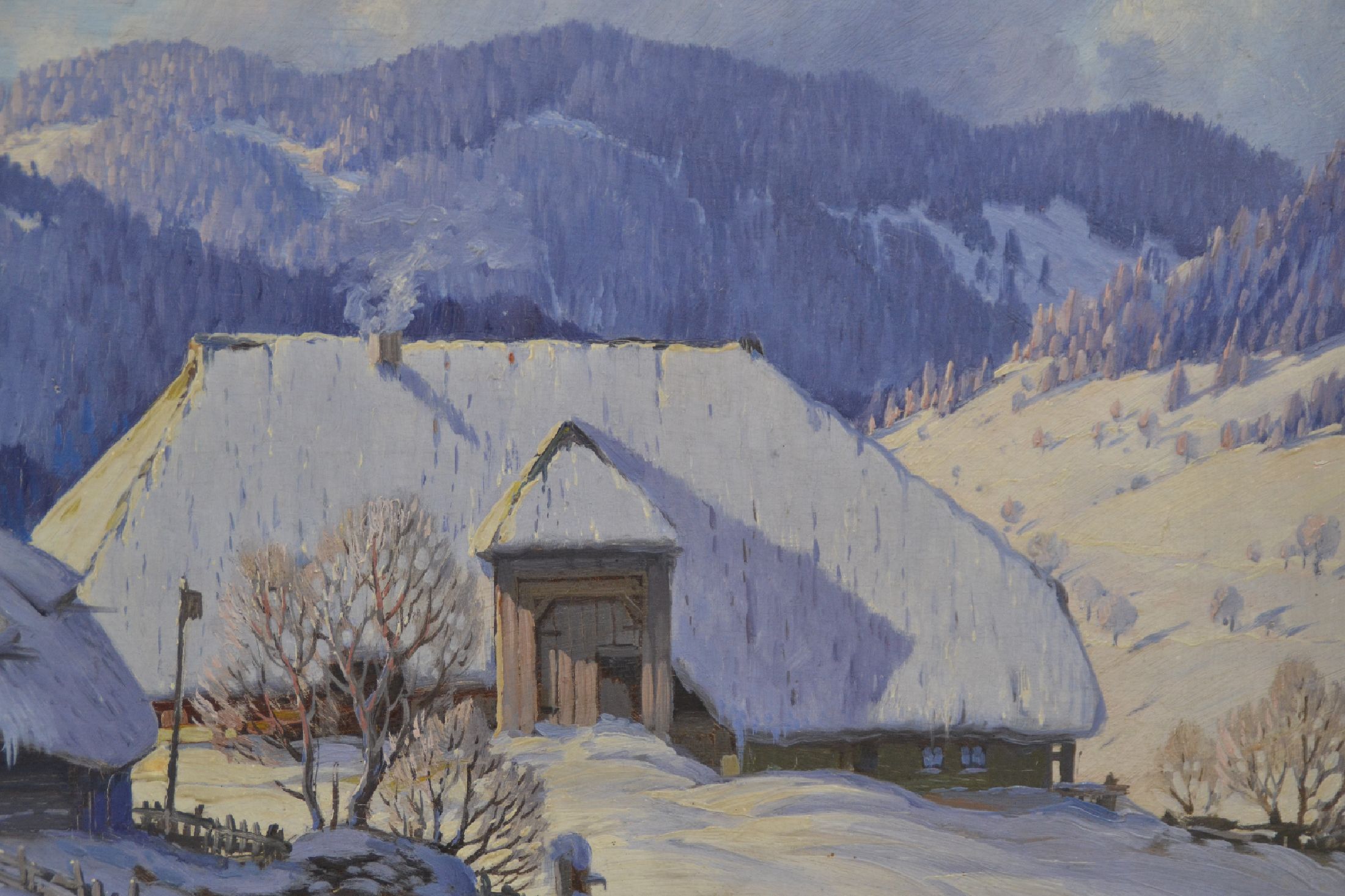 Detail c: Karl Hauptmann, 1880 Freiburg/Breisgau - 1947 Herzogenhorn, zwei Schwarzwaldhöfe in Winterlandschaft, sonniger Morgen mit langen Schatten, ...