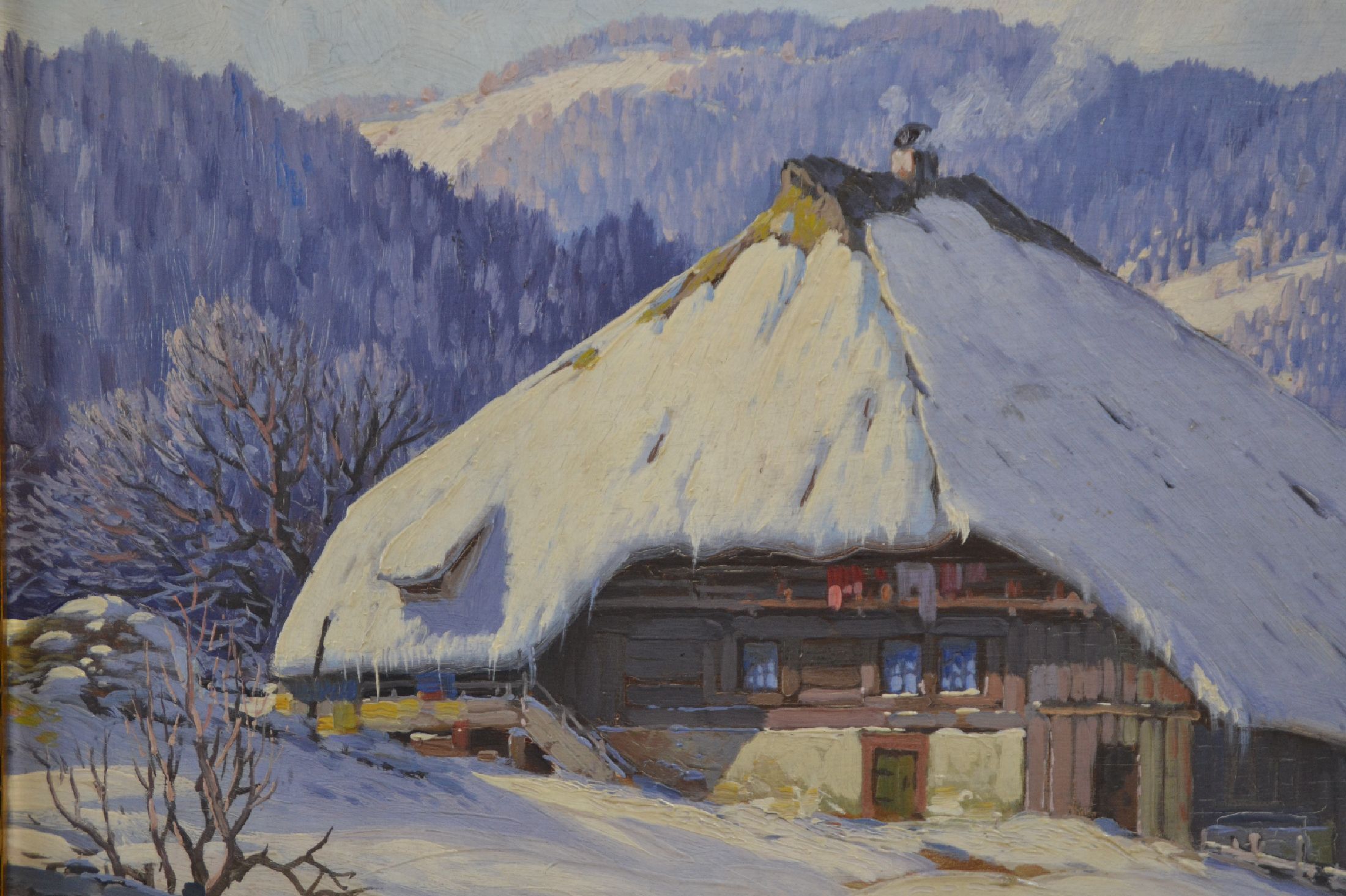 Detail d: Karl Hauptmann, 1880 Freiburg/Breisgau - 1947 Herzogenhorn, zwei Schwarzwaldhöfe in Winterlandschaft, sonniger Morgen mit langen Schatten, ...