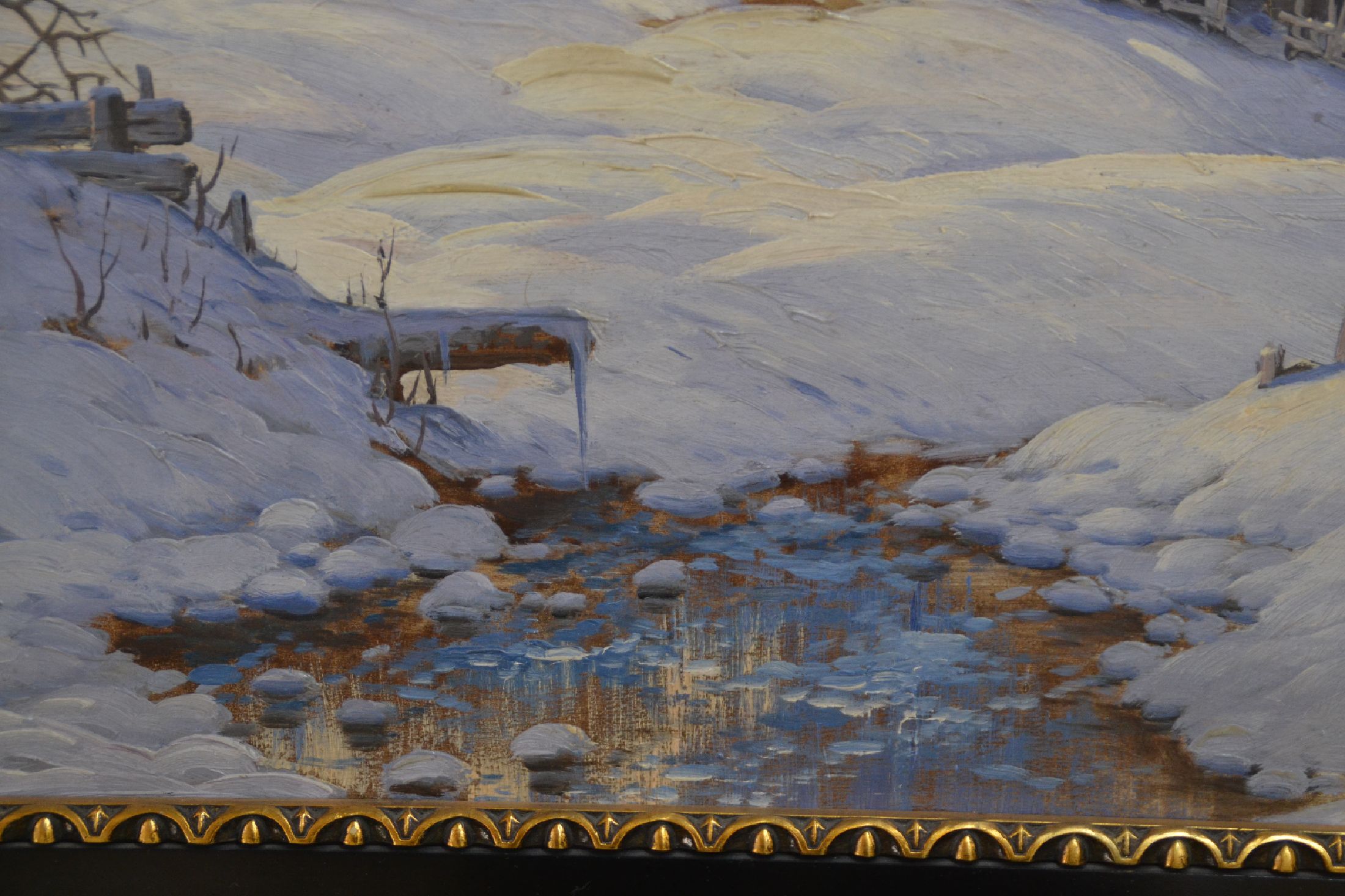 Detail e: Karl Hauptmann, 1880 Freiburg/Breisgau - 1947 Herzogenhorn, zwei Schwarzwaldhöfe in Winterlandschaft, sonniger Morgen mit langen Schatten, ...