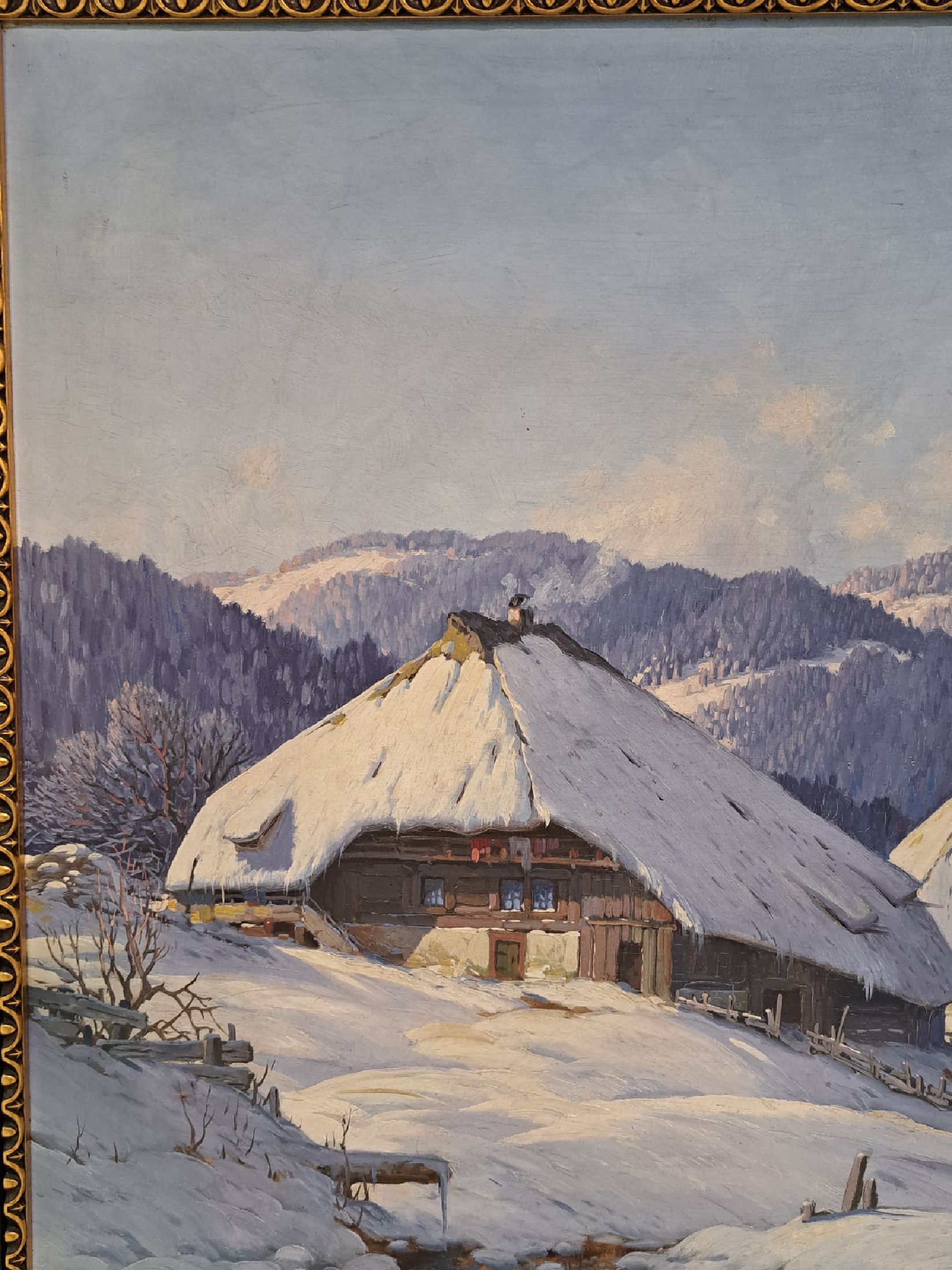 Detail h: Karl Hauptmann, 1880 Freiburg/Breisgau - 1947 Herzogenhorn, zwei Schwarzwaldhöfe in Winterlandschaft, sonniger Morgen mit langen Schatten, ...