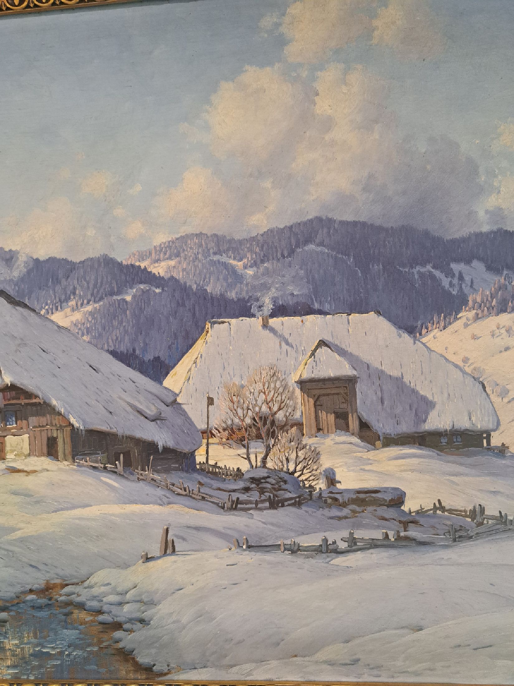 Detail i: Karl Hauptmann, 1880 Freiburg/Breisgau - 1947 Herzogenhorn, zwei Schwarzwaldhöfe in Winterlandschaft, sonniger Morgen mit langen Schatten, ...