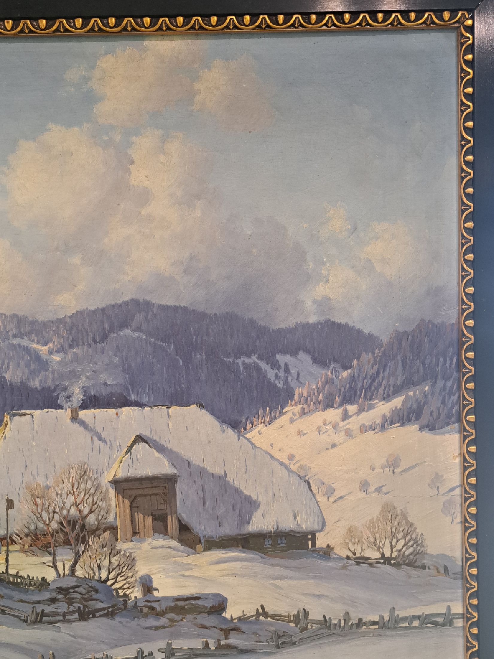 Detail j: Karl Hauptmann, 1880 Freiburg/Breisgau - 1947 Herzogenhorn, zwei Schwarzwaldhöfe in Winterlandschaft, sonniger Morgen mit langen Schatten, ...