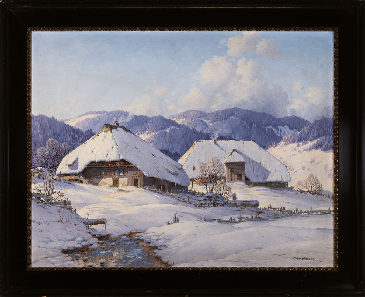Detail k: Karl Hauptmann, 1880 Freiburg/Breisgau - 1947 Herzogenhorn, zwei Schwarzwaldhöfe in Winterlandschaft, sonniger Morgen mit langen Schatten, ...