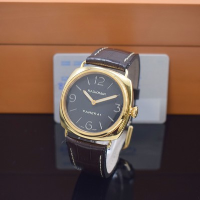 Image PANERAI 18k pink gold gents wristwatch Radiomir reference PAM 231, manual winding, solid case on both sides glazed, leather strap including original 18k pink gold buckle, screwed-down case back & winding crown, black Sandwich-dial, display of hours & minutes, diameter approx. 45 mm, original box & warranty papers, condition 2