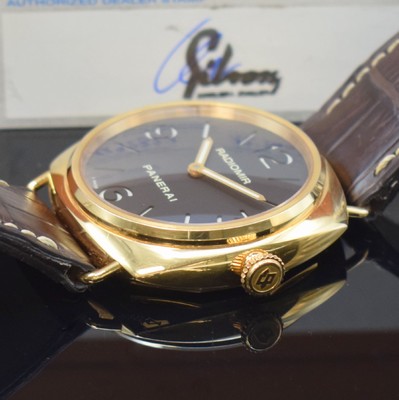 26632612c - PANERAI 18k pink gold gents wristwatch Radiomir reference PAM 231, manual winding, solid case on both sides glazed, leather strap including original 18k pink gold buckle, screwed-down case back & winding crown, black Sandwich-dial, display of hours & minutes, diameter approx. 45 mm, original box & warranty papers, condition 2