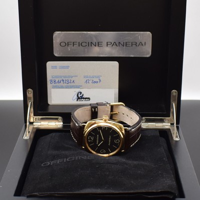 26632612e - PANERAI 18k pink gold gents wristwatch Radiomir reference PAM 231, manual winding, solid case on both sides glazed, leather strap including original 18k pink gold buckle, screwed-down case back & winding crown, black Sandwich-dial, display of hours & minutes, diameter approx. 45 mm, original box & warranty papers, condition 2