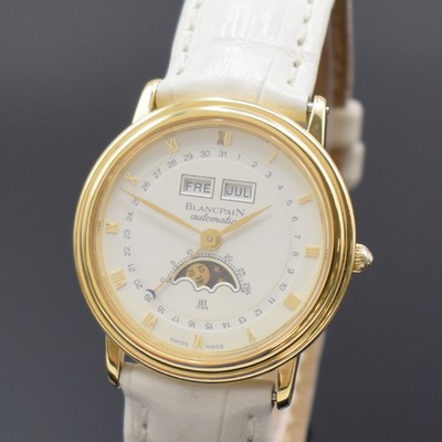 26632630a - BLANCPAIN Villeret 18k yellow gold gents wristwatch with complete calendar, self winding, 3-piece construction case, snap on case back and bezel, leather strap with original 18k yellow gold buckle, cream colored dial with applied Roman numerals, gilded hands, display of hours, minutes, day, date, month & moon phase, diameter approx. 34 mm, condition 2-3