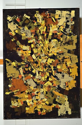 26632699k - Merle Hunter, Öl/Lwd, rückseitig num. 54/59, re.u. handsigniert, rückseitig nochmals bezeichnet, auf Galerieetikett datiert 59, ca.101 x 71cm, abstrakte Komposition in Erdfarben auf brauem Grund, l. Altersspuren