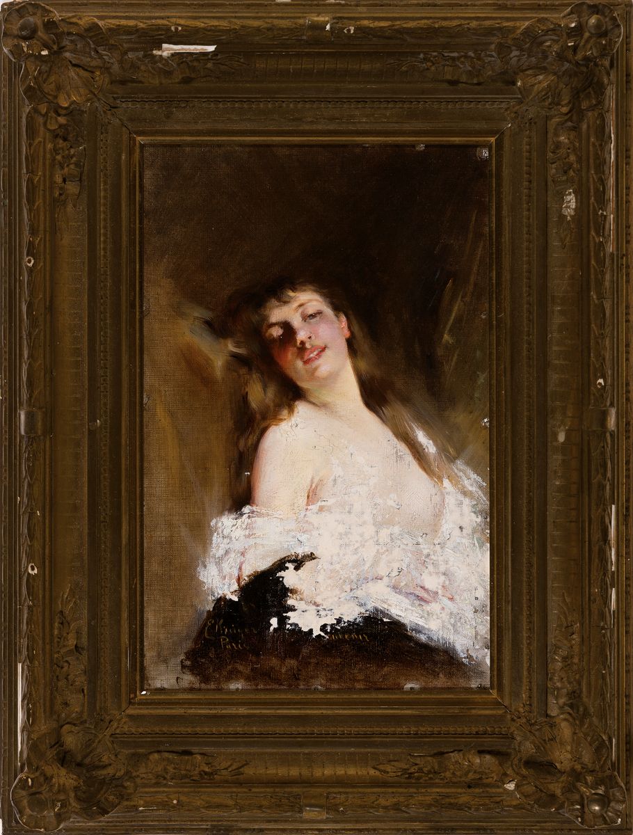 Detail k: E. Krüger, Paris, um 1900, junge Frau in erotischer Darstellung, Öl/Lwd, signiert, ca. 55 x 42cm, Rahmen l. best.