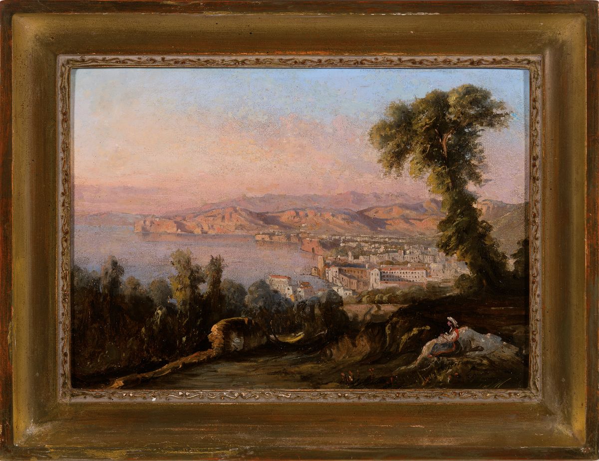 Detail k: Unbekannter, wohl italienischer Künstler, 19. Jh., Blick auf die italienische Küste, im Vordergrund junge Frau auf Felsen ausruhend, Öl/Pappe, li. ...