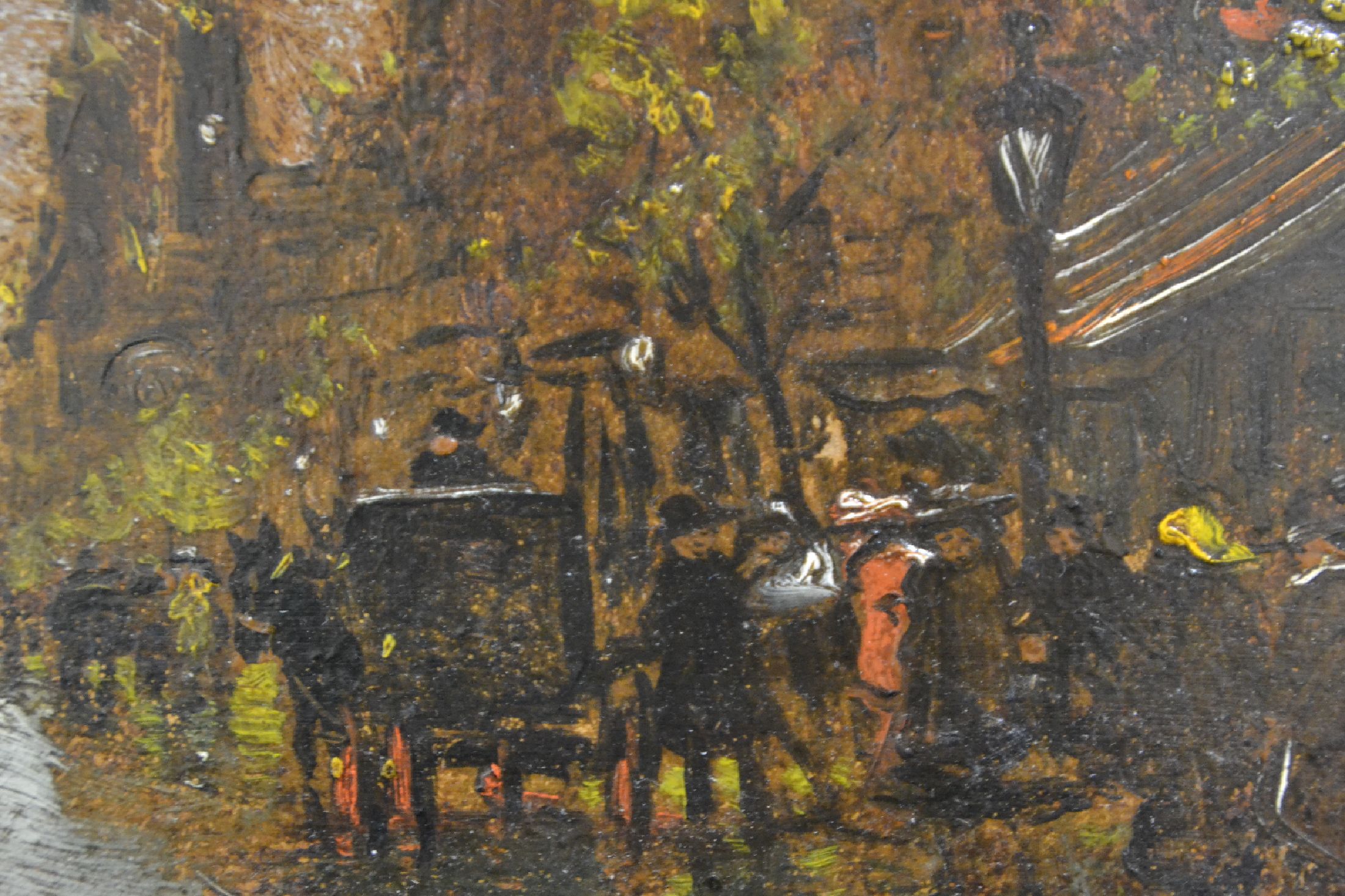 Detail c: Antal Berkes, 1874 - 1938 Budapest, Studium an der Akademie Budapest, belebter Boulevard in Budapest, Regenwetter, Öl/Pappe, rechts unten signiert, ...