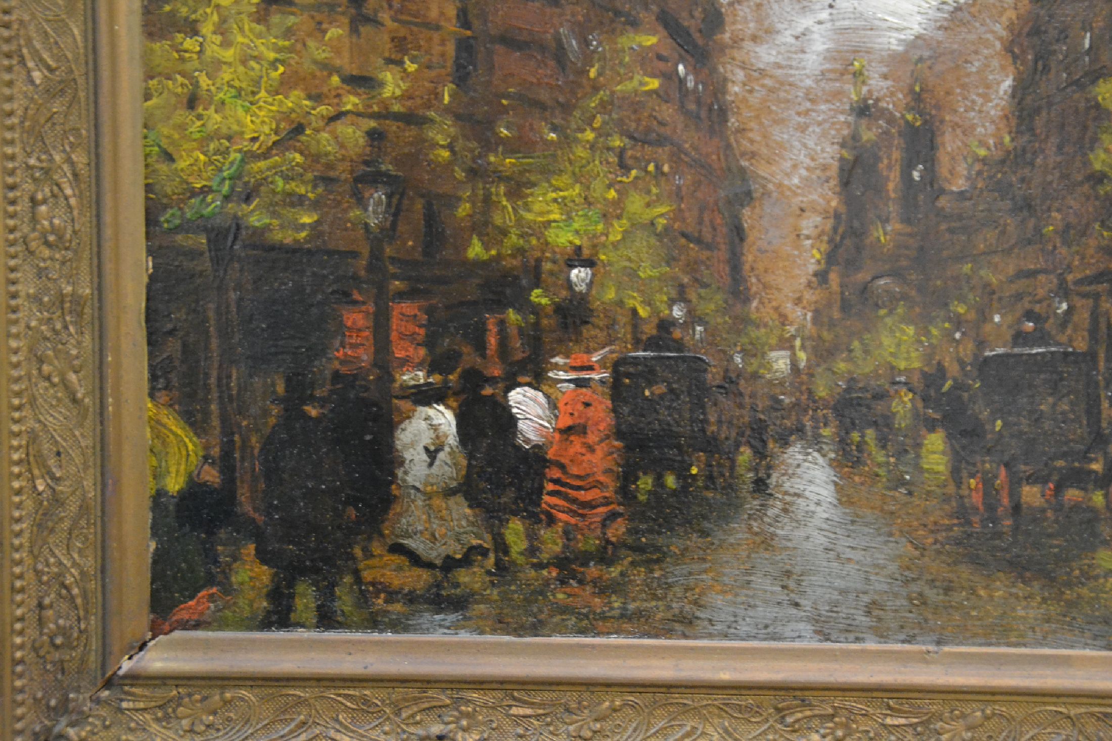 Detail d: Antal Berkes, 1874 - 1938 Budapest, Studium an der Akademie Budapest, belebter Boulevard in Budapest, Regenwetter, Öl/Pappe, rechts unten signiert, ...