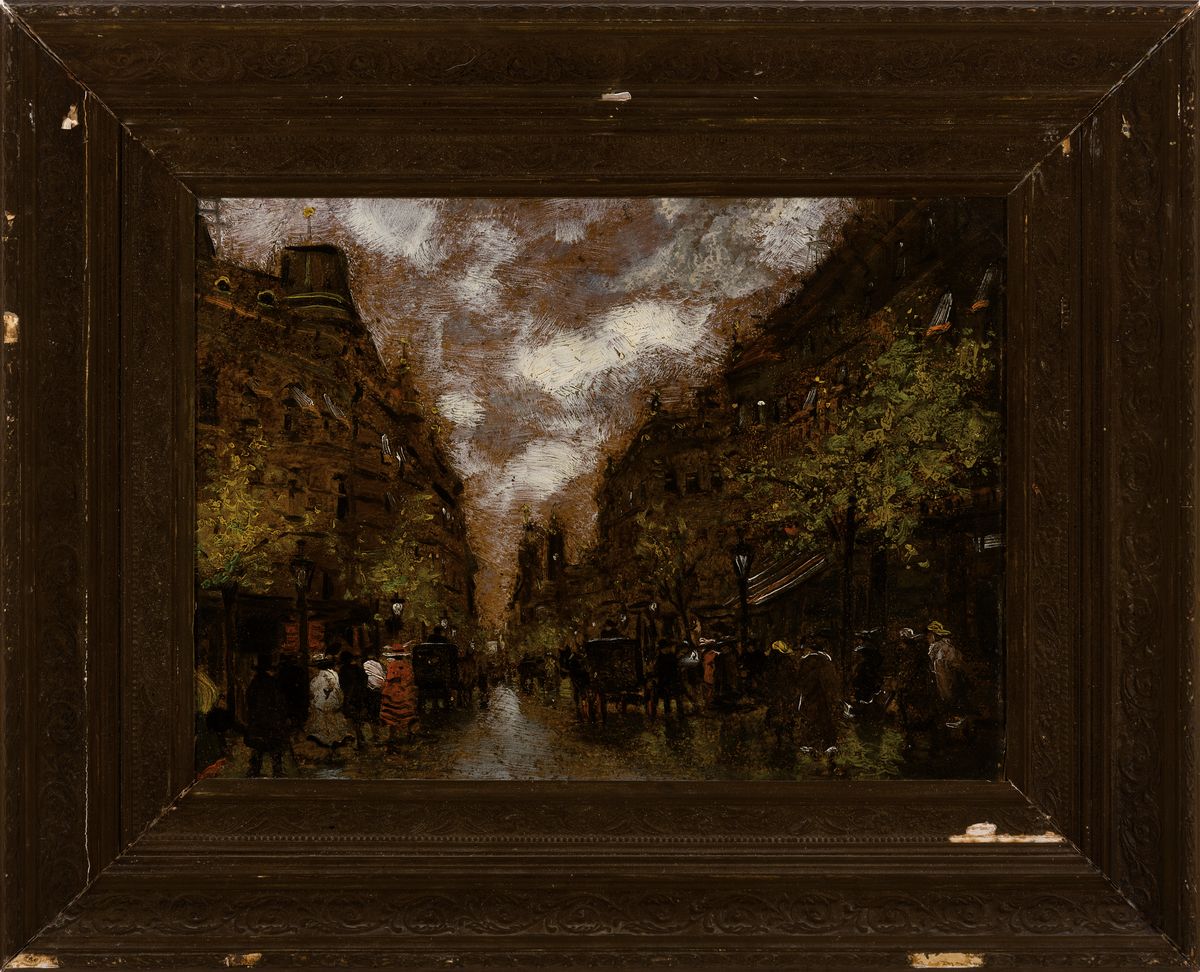 Detail k: Antal Berkes, 1874 - 1938 Budapest, Studium an der Akademie Budapest, belebter Boulevard in Budapest, Regenwetter, Öl/Pappe, rechts unten signiert, ...