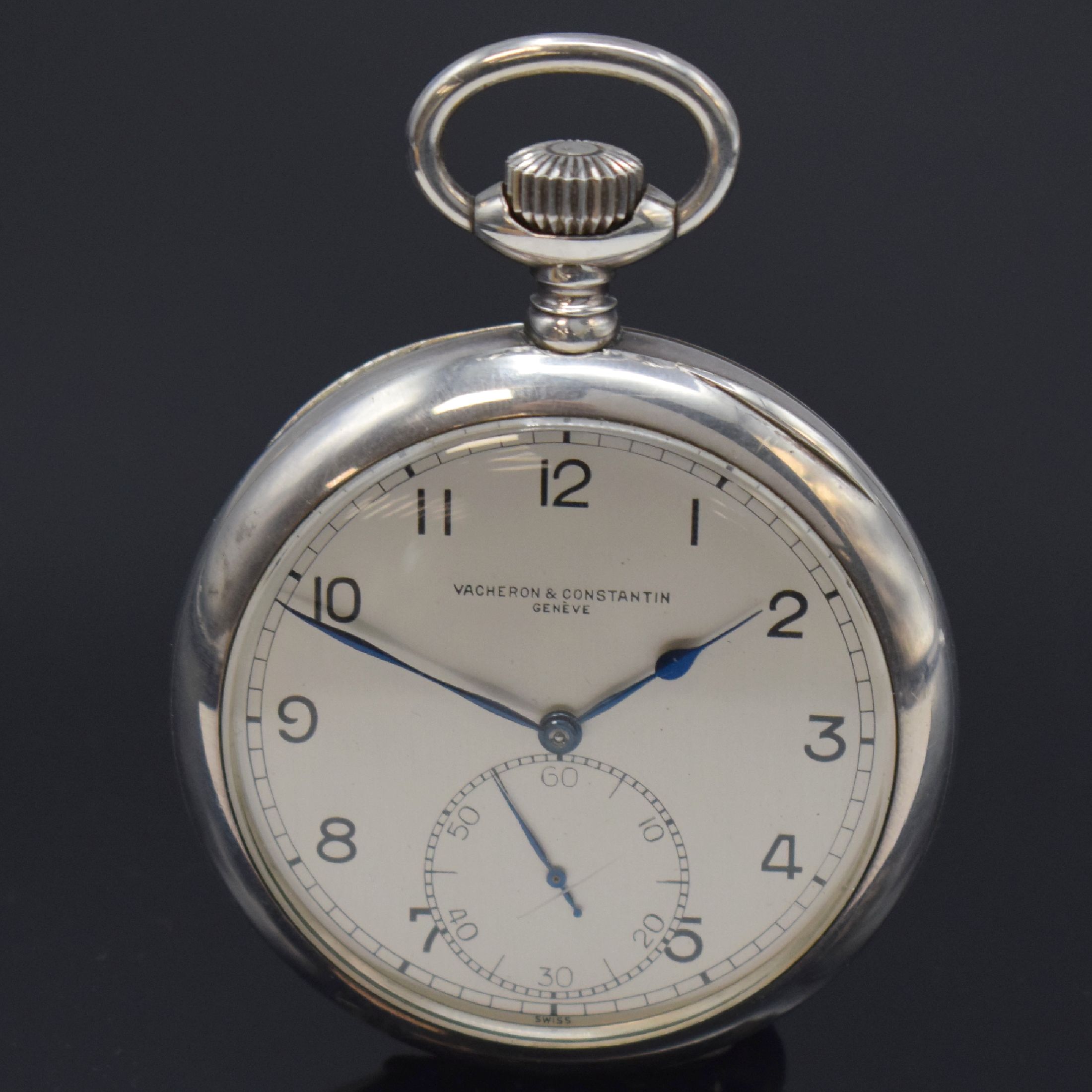 Detail a: VACHERON & CONSTANTIN feine, große Beobachtungsuhr in Sterlingsilber mit original Box, Schweiz um 1939, glattes, 4-teil. Silbergeh., Scharnierboden ...