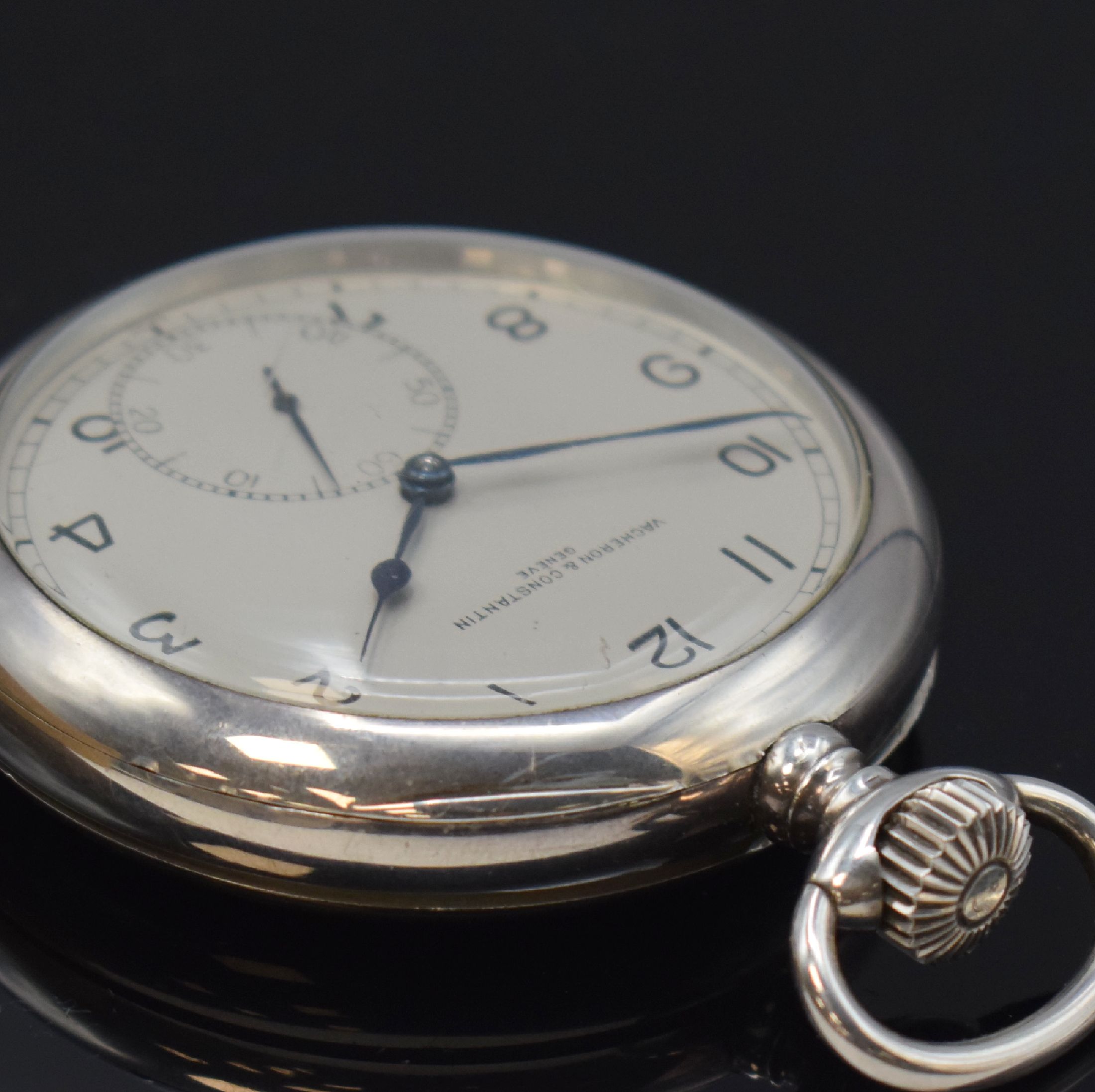 Detail i: VACHERON & CONSTANTIN feine, große Beobachtungsuhr in Sterlingsilber mit original Box, Schweiz um 1939, glattes, 4-teil. Silbergeh., Scharnierboden ...