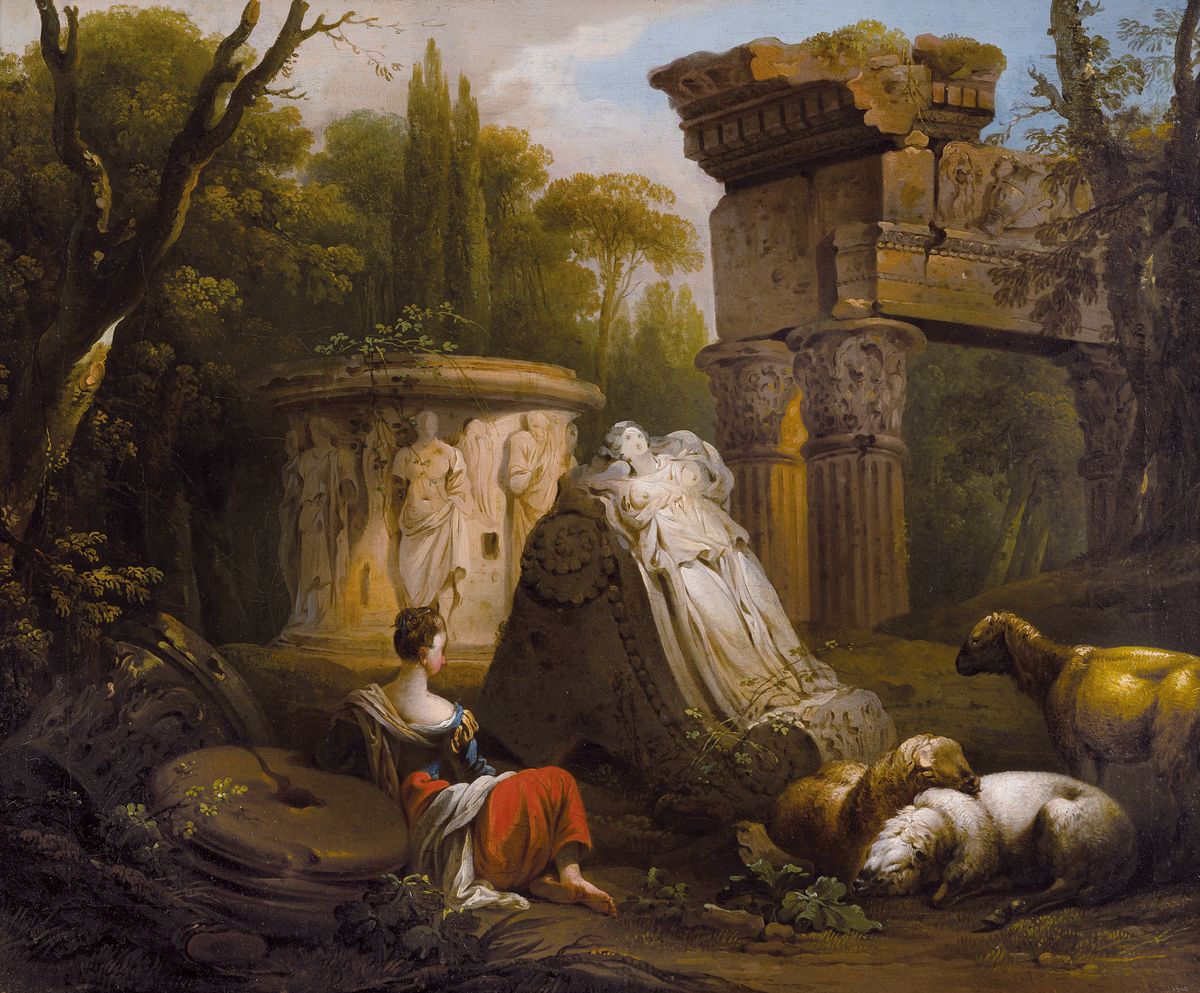 Zuschreibung: Hubert Robert, 1733 Paris bis 1808, Ruinencapriccio mit Tempelresten, Schäferin und Tiere, feine Lichtführung, Öl/Lwd, unsigniert, ...