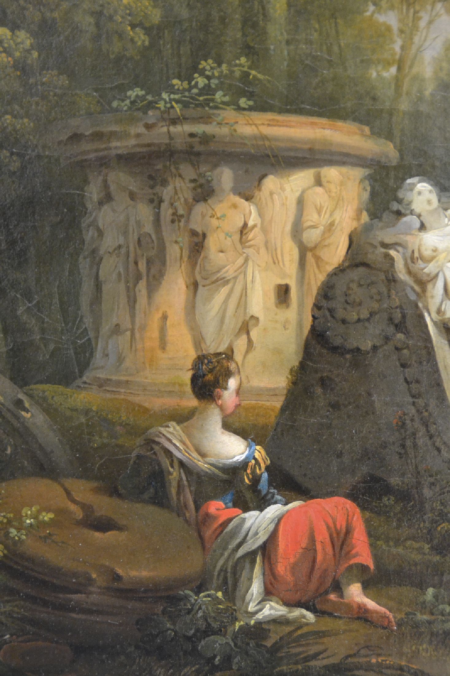 Detail d: Zuschreibung: Hubert Robert, 1733 Paris bis 1808, Ruinencapriccio mit Tempelresten, Schäferin und Tiere, feine Lichtführung, Öl/Lwd, unsigniert, ...