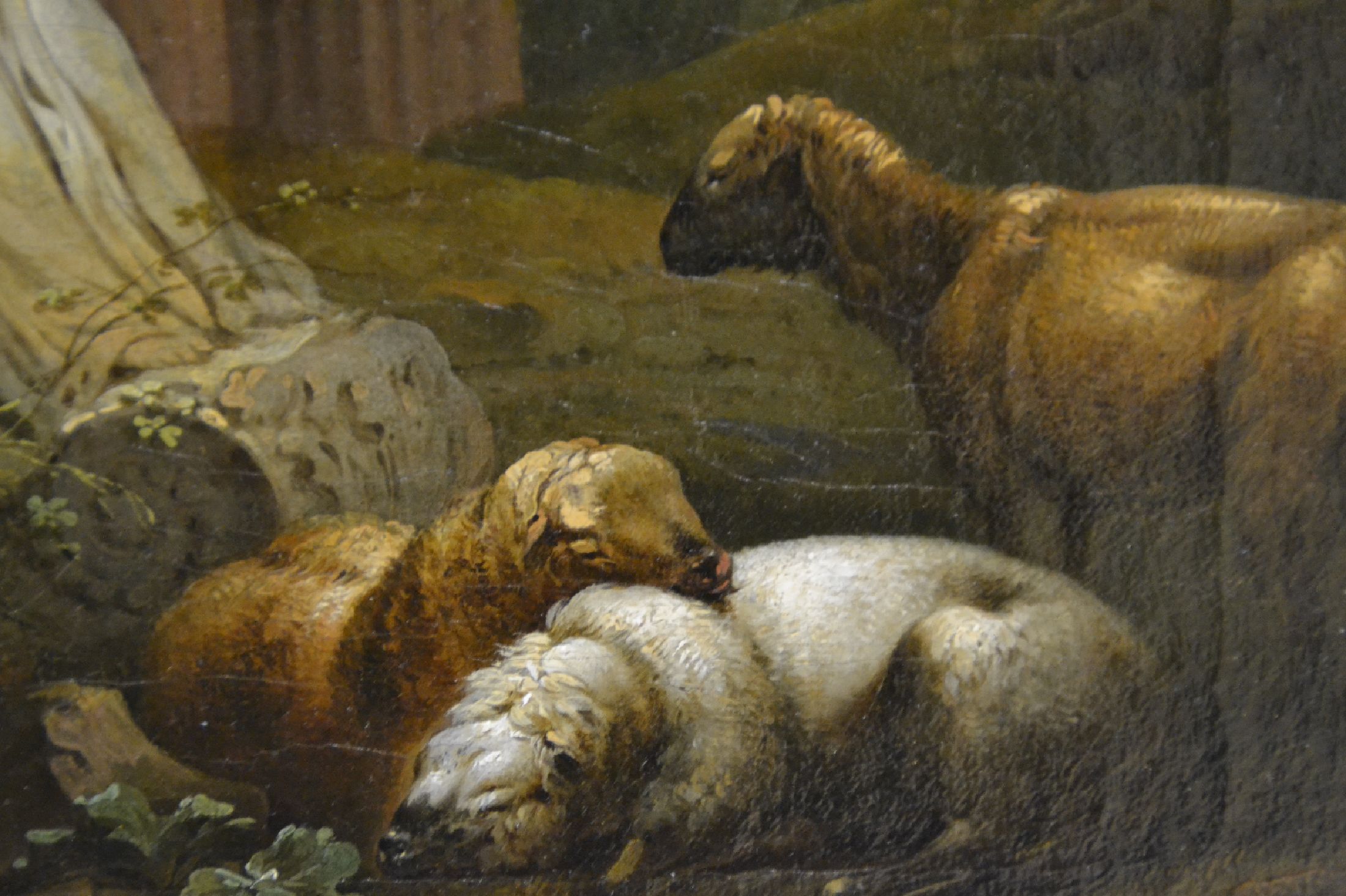 Detail e: Zuschreibung: Hubert Robert, 1733 Paris bis 1808, Ruinencapriccio mit Tempelresten, Schäferin und Tiere, feine Lichtführung, Öl/Lwd, unsigniert, ...