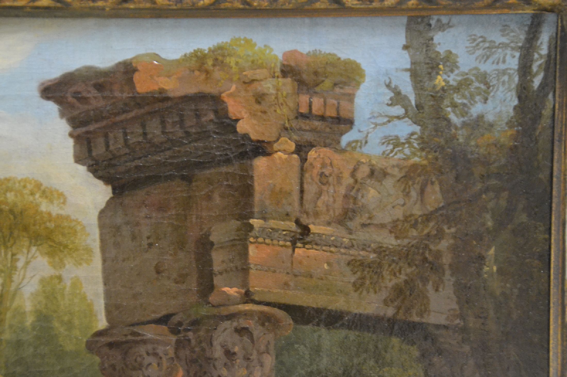 Detail f: Zuschreibung: Hubert Robert, 1733 Paris bis 1808, Ruinencapriccio mit Tempelresten, Schäferin und Tiere, feine Lichtführung, Öl/Lwd, unsigniert, ...