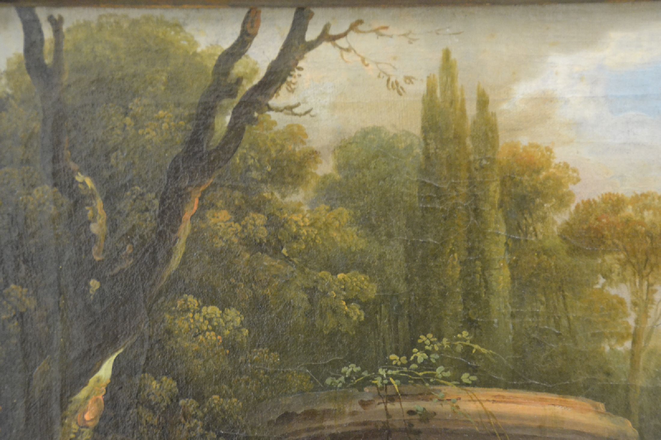 Detail g: Zuschreibung: Hubert Robert, 1733 Paris bis 1808, Ruinencapriccio mit Tempelresten, Schäferin und Tiere, feine Lichtführung, Öl/Lwd, unsigniert, ...