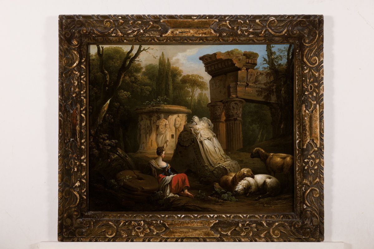 Detail k: Zuschreibung: Hubert Robert, 1733 Paris bis 1808, Ruinencapriccio mit Tempelresten, Schäferin und Tiere, feine Lichtführung, Öl/Lwd, unsigniert, ...