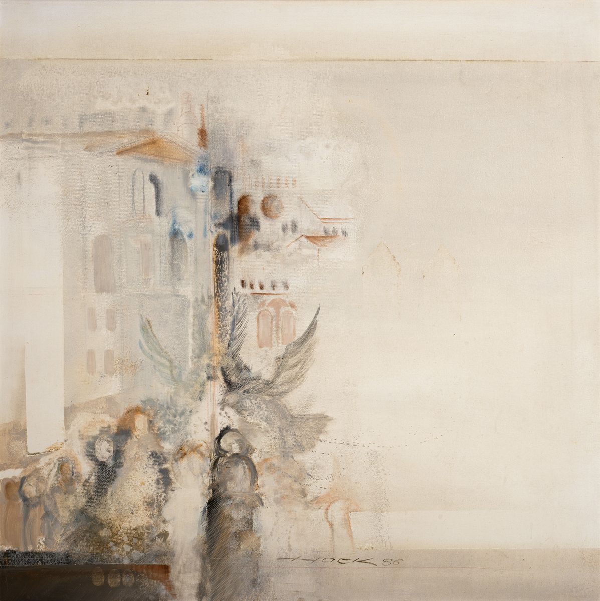 Heinz Hock, geb. 1938, 2 Werke, Mischtechnikauf Lwd, jeweils signiert und datiert figurative Kompositionen, Rahmen 87x87 cm