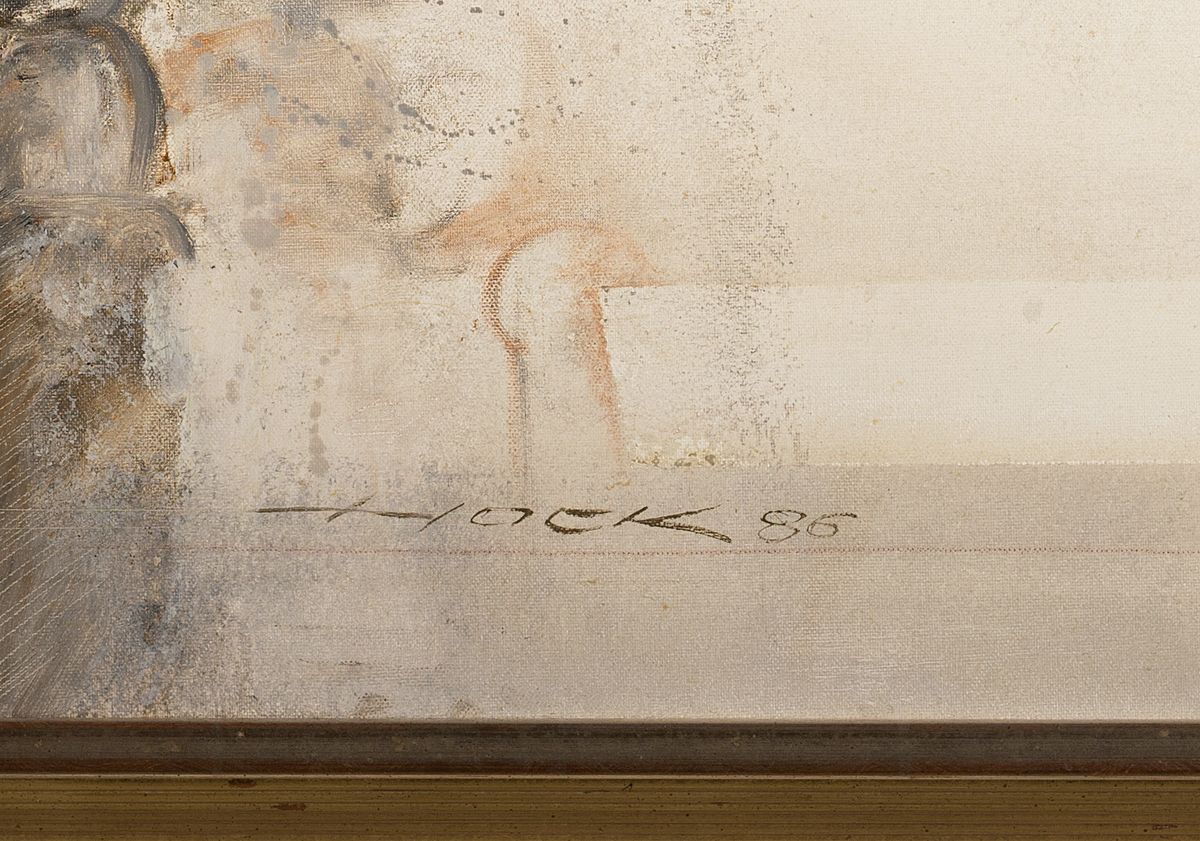 Detail b: Heinz Hock, geb. 1938, 2 Werke, Mischtechnikauf Lwd, jeweils signiert und datiert figurative Kompositionen, Rahmen 87x87 cm