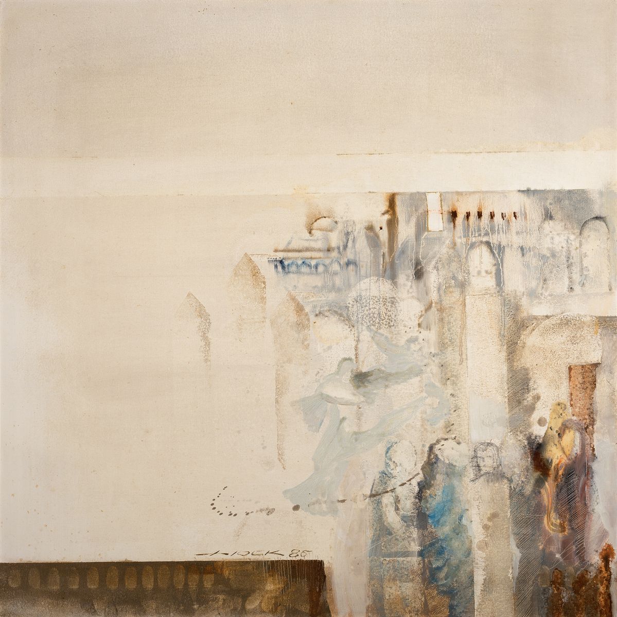 Detail d: Heinz Hock, geb. 1938, 2 Werke, Mischtechnikauf Lwd, jeweils signiert und datiert figurative Kompositionen, Rahmen 87x87 cm