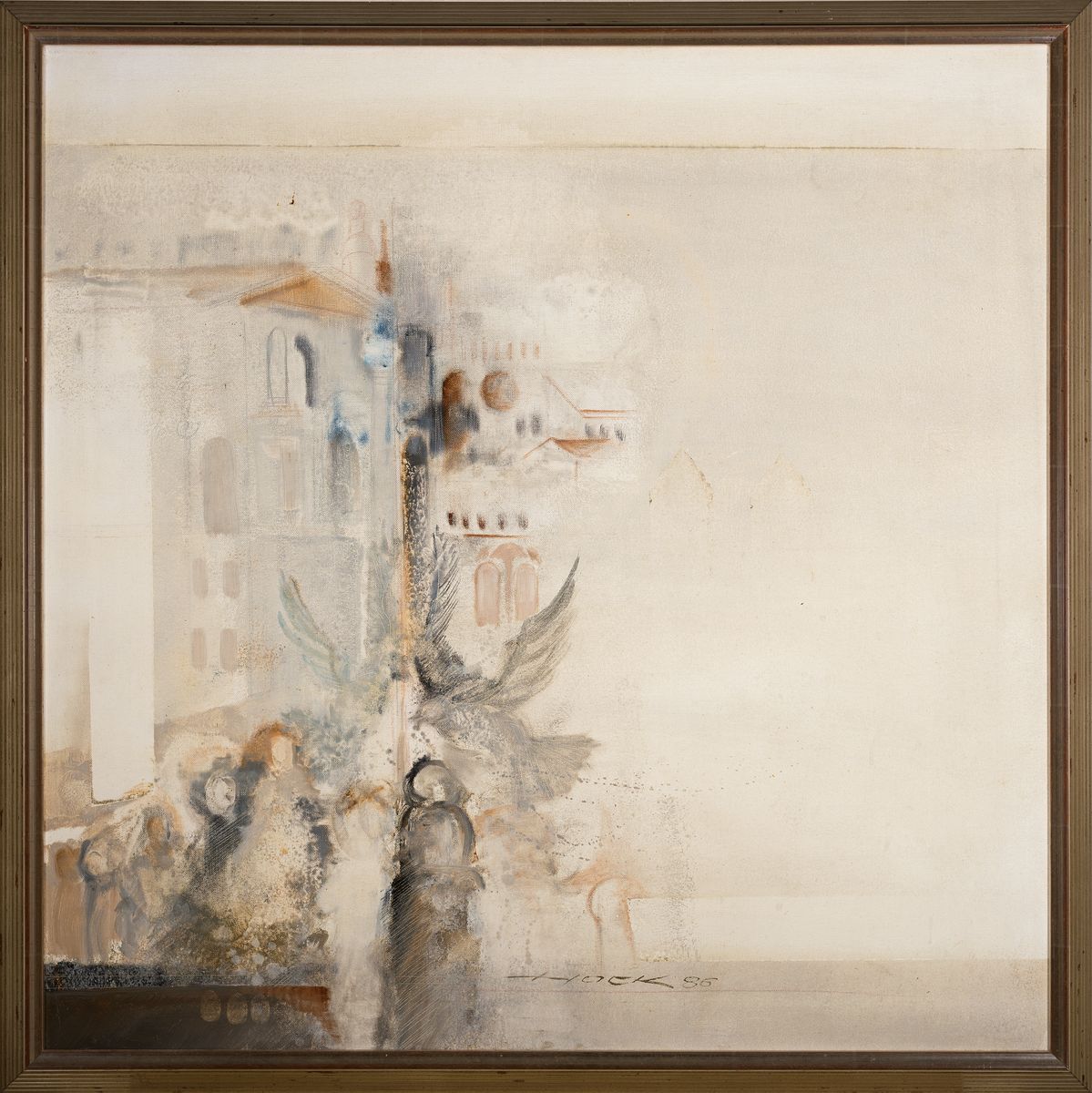 Detail k: Heinz Hock, geb. 1938, 2 Werke, Mischtechnikauf Lwd, jeweils signiert und datiert figurative Kompositionen, Rahmen 87x87 cm