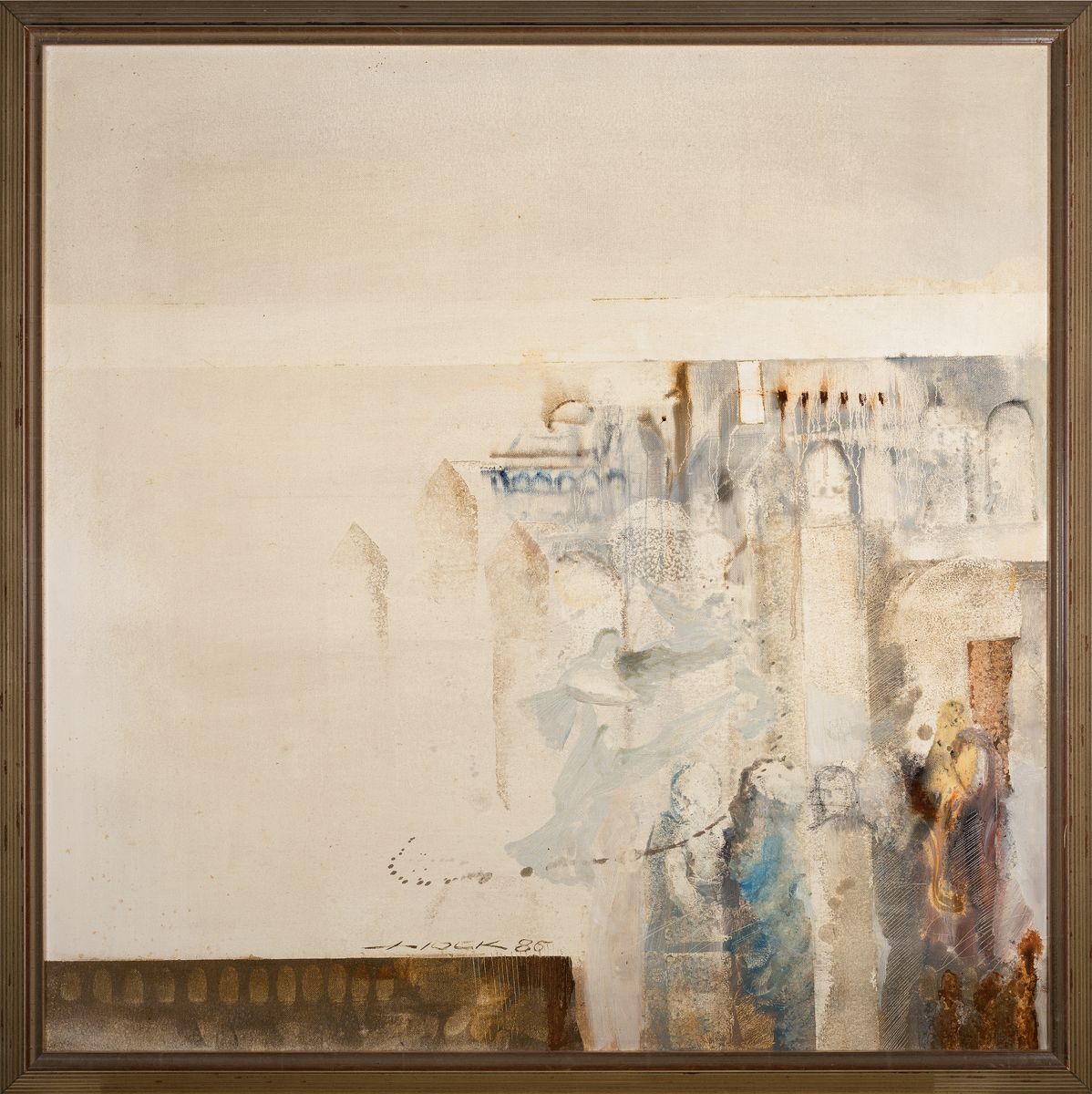 Detail o: Heinz Hock, geb. 1938, 2 Werke, Mischtechnikauf Lwd, jeweils signiert und datiert figurative Kompositionen, Rahmen 87x87 cm