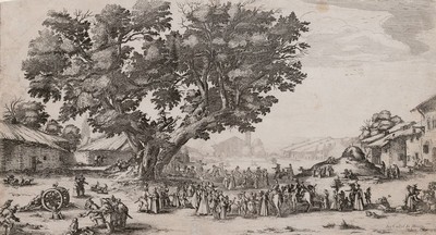 Image 26632771 - Jaques Callot, 1592 - 1635 Nancy, Engraving, #"La Foire de Gondreville/La fete du Village #", draft 1624/25, trimmed (partly down to thepainting board), in print inscribed #"Iac Callot In Nancey# ", later inverted print, minor damaged and restored, 17.5x32.5 cm, under glass framed 28x42 cm