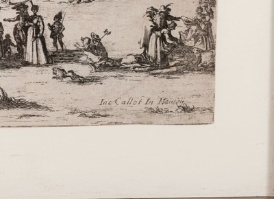 26632771a - Jaques Callot, 1592 - 1635 Nancy, Engraving, #"La Foire de Gondreville/La fete du Village #", draft 1624/25, trimmed (partly down to thepainting board), in print inscribed #"Iac Callot In Nancey# ", later inverted print, minor damaged and restored, 17.5x32.5 cm, under glass framed 28x42 cm
