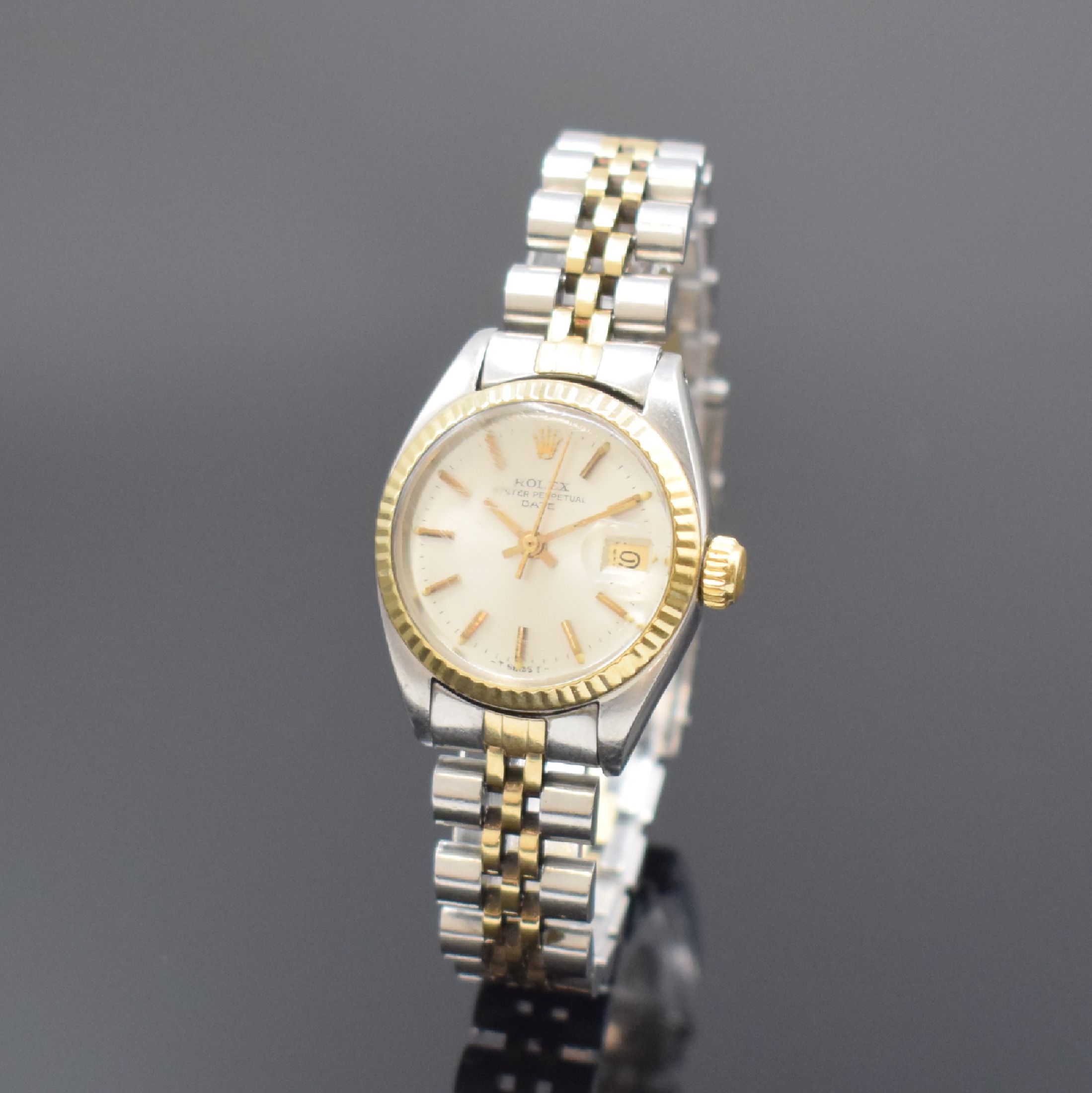 ROLEX Damenarmbanduhr Oyster Perpetual Date Referenz 6917, Schweiz um 1979, Automatik, Edelstahl und Gold komb., Jubileeband mit Faltschl., verschr. ...