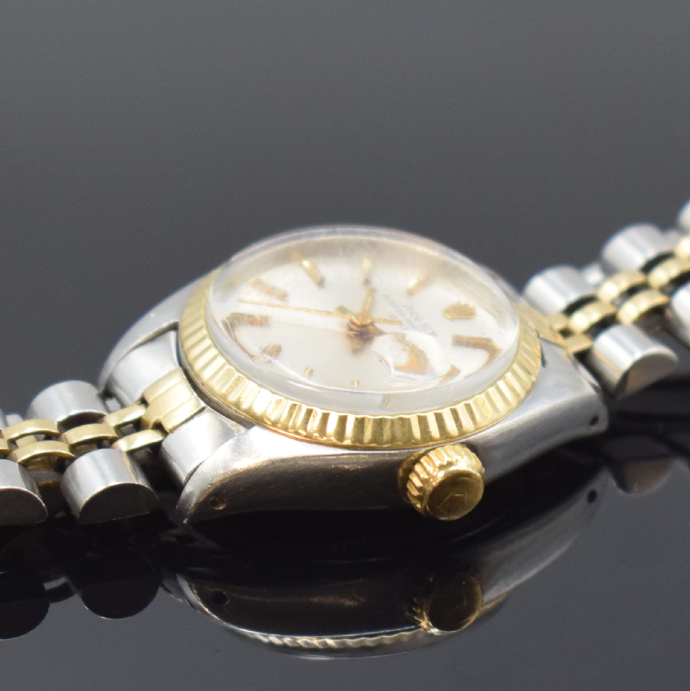 Detail c: ROLEX Damenarmbanduhr Oyster Perpetual Date Referenz 6917, Schweiz um 1979, Automatik, Edelstahl und Gold komb., Jubileeband mit Faltschl., verschr. ...