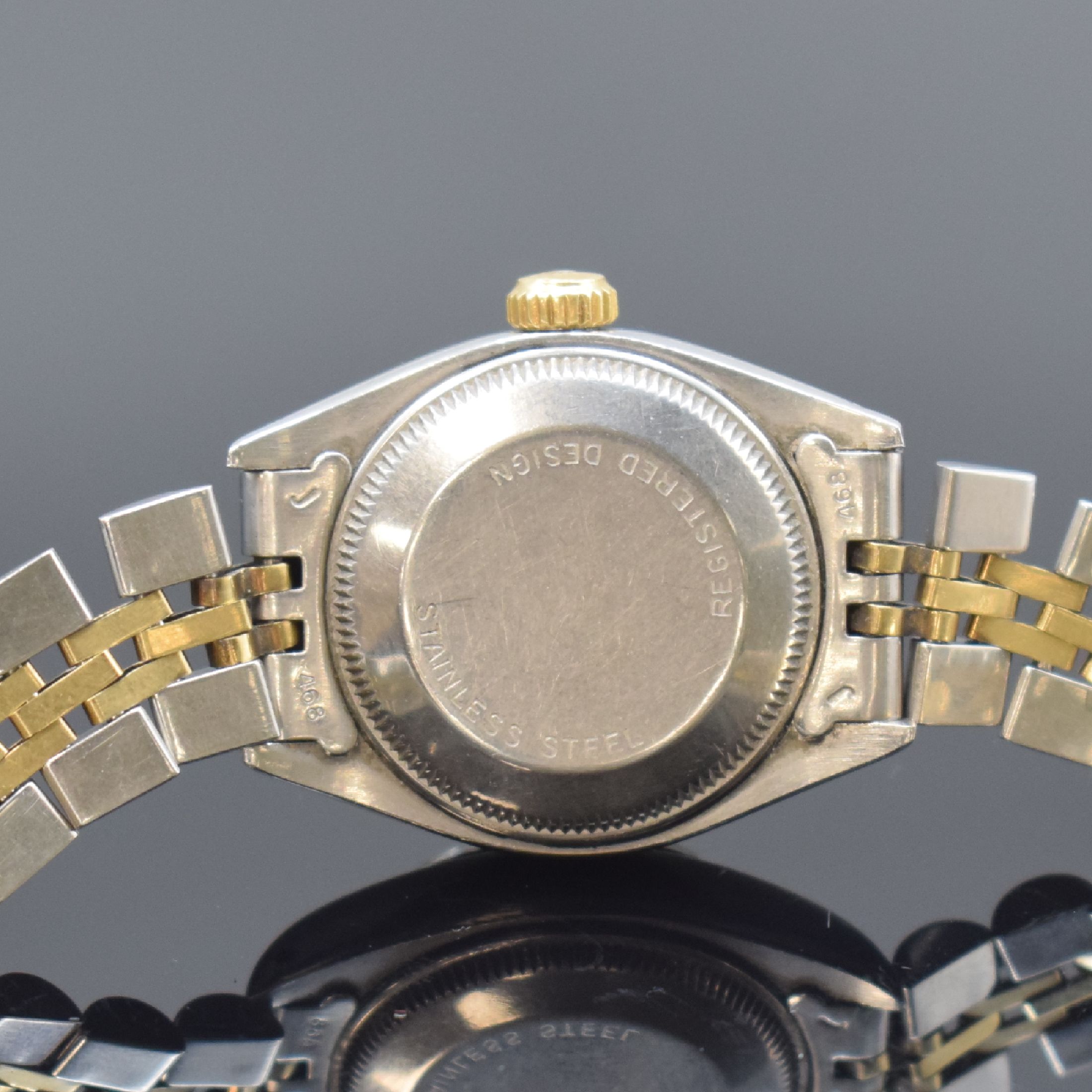 Detail d: ROLEX Damenarmbanduhr Oyster Perpetual Date Referenz 6917, Schweiz um 1979, Automatik, Edelstahl und Gold komb., Jubileeband mit Faltschl., verschr. ...