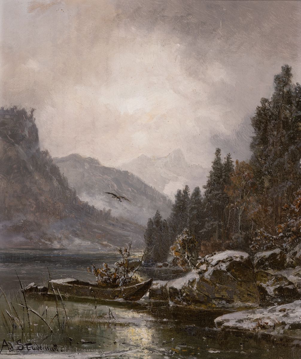 Adolf Stademann, 1824-1895 München, winterliche Stimmungslandschaft, Gebirgssee mit verschneiter Uferlandschaft und Kahn, Sonne halb verdeckt von ...