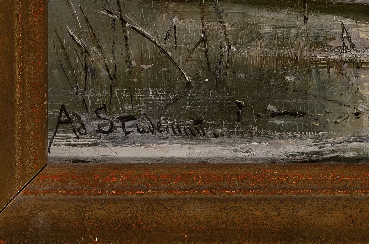 Detail a: Adolf Stademann, 1824-1895 München, winterliche Stimmungslandschaft, Gebirgssee mit verschneiter Uferlandschaft und Kahn, Sonne halb verdeckt von ...