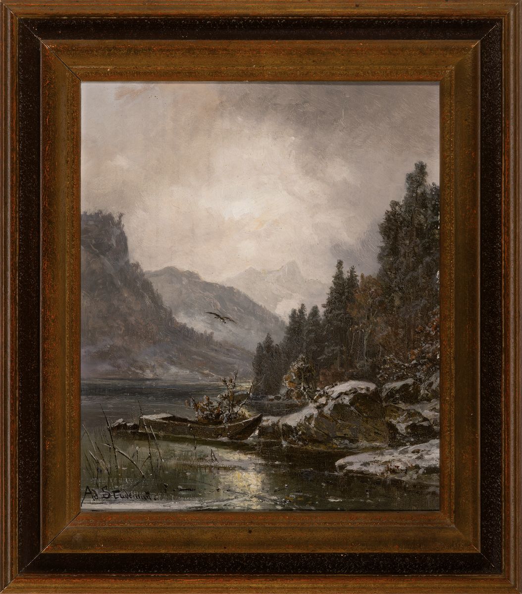 Detail k: Adolf Stademann, 1824-1895 München, winterliche Stimmungslandschaft, Gebirgssee mit verschneiter Uferlandschaft und Kahn, Sonne halb verdeckt von ...