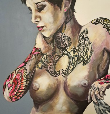 Image 26632816 - Izabela Butroni, born 1970 Koszalin/Poland, #"Miss Tatoo#", signed, acrylic on canvas, 100x100 cm; Studies in art at the University of Mikolaja Kopernika Torun, subsequent studies at the Institute of Fine Arts and Art Therapy in Bochum (student of Qi Yang), management of a private art school in Mettlach
