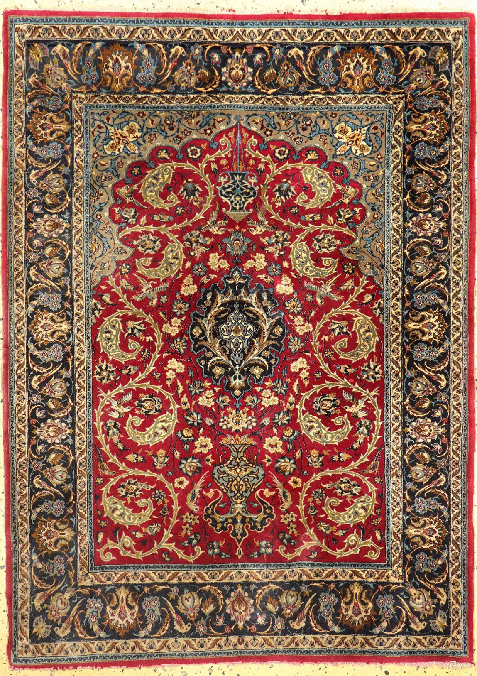 Esfahan fein, Persien, ca. 50 Jahre, Korkwolle mit und auf Seide, ca. 159 x 107 cm,Reinigungsbedürftig, EHZ: 2, Fransen verfärbt