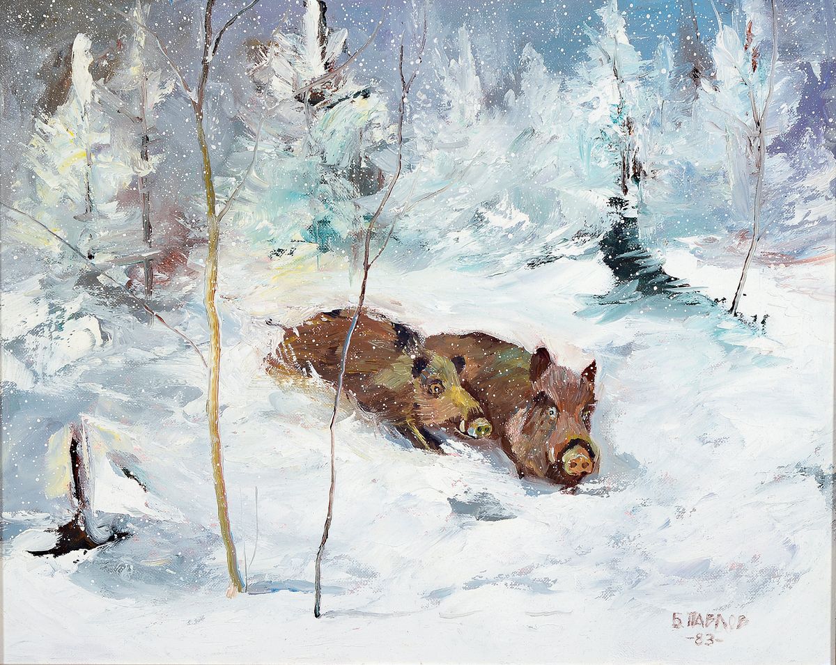 Boris Pavlov, 1928 Moskau - 2005 Paris, großformatiges Öl Gemälde, "Winter im Burgunderland - Schwarzwild am Waldrand", re. u. ...