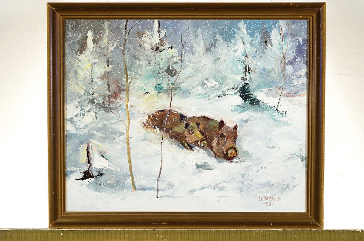 Detail k: Boris Pavlov, 1928 Moskau - 2005 Paris, großformatiges Öl Gemälde, "Winter im Burgunderland - Schwarzwild am Waldrand", re. u. ...