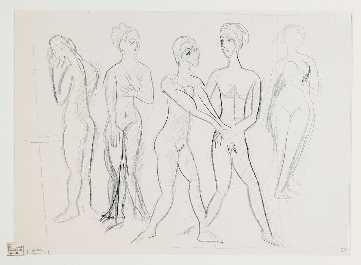 Ernst Ludwig Kirchner, 1880 - 1938, zwei Zeichnungen auf einem Blatt, Vorder - und Rückseite gestaltet, eine Seite: fünf stehendeAkte, ...