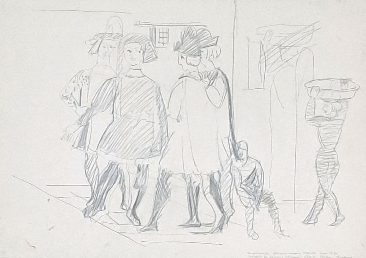 Detail a: Ernst Ludwig Kirchner, 1880 - 1938, zwei Zeichnungen auf einem Blatt, Vorder - und Rückseite gestaltet, eine Seite: fünf stehendeAkte, ...