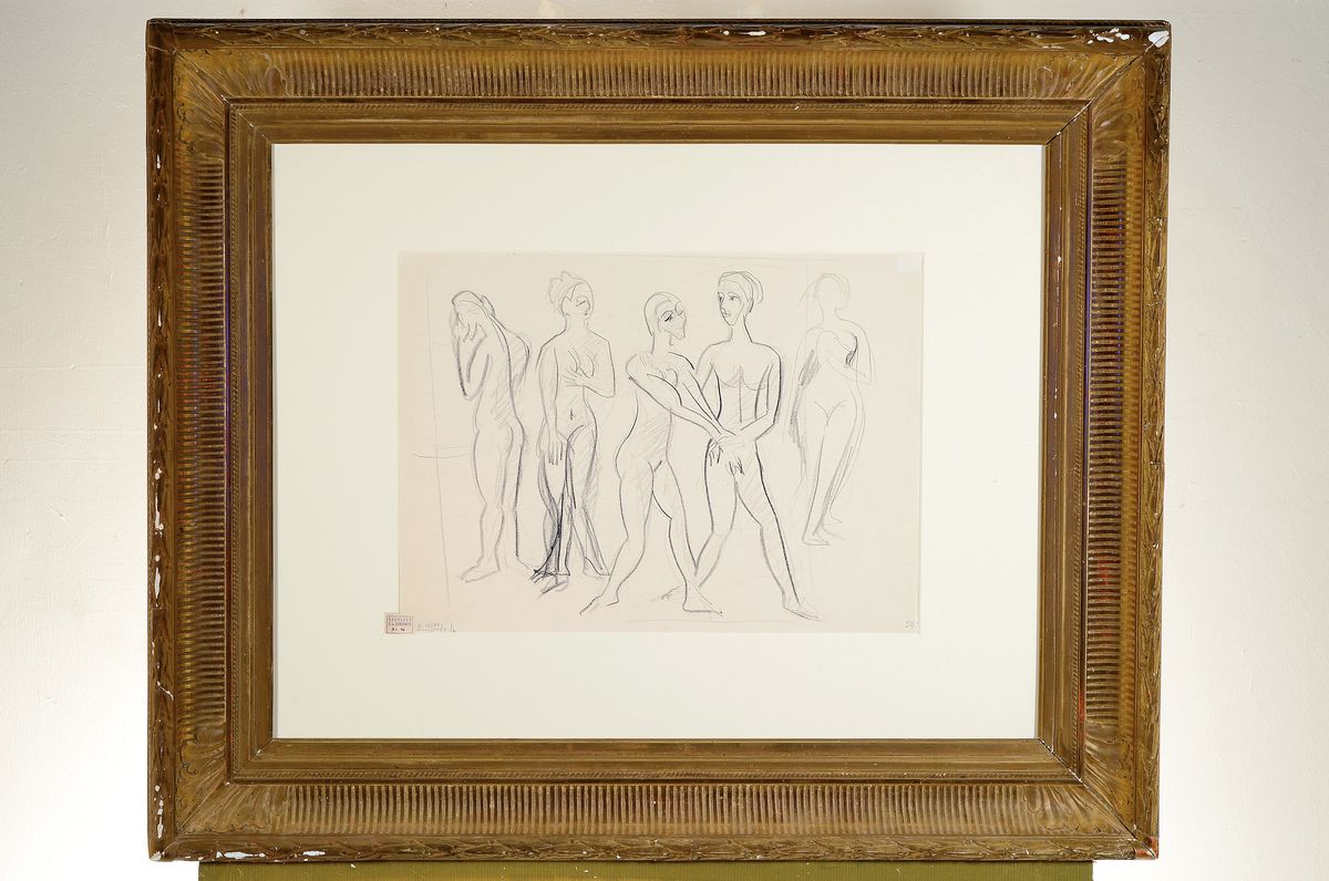 Detail k: Ernst Ludwig Kirchner, 1880 - 1938, zwei Zeichnungen auf einem Blatt, Vorder - und Rückseite gestaltet, eine Seite: fünf stehendeAkte, ...