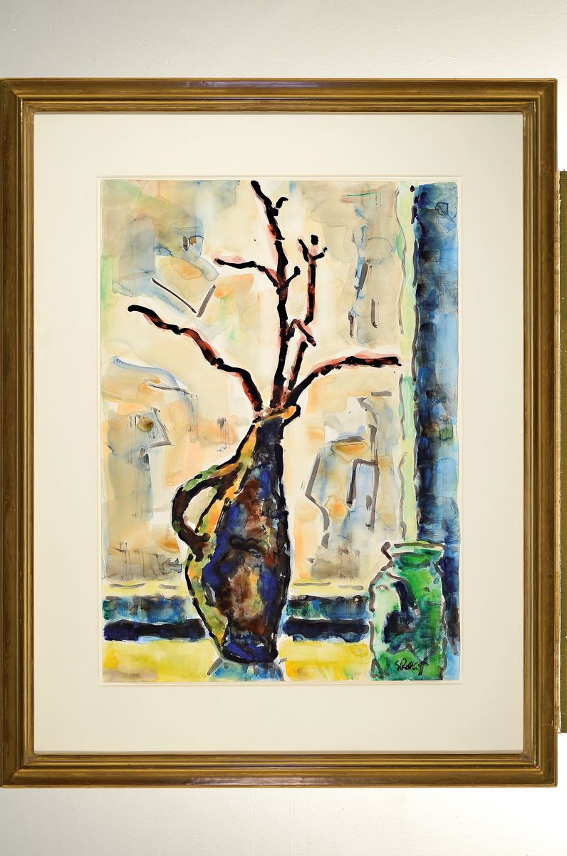 Detail k: Karl Schmidt-Rottluff, 1884 Rottluff - 1976 Berlin, Aquarell auf festem Aquarellpapier, Stillleben, "Krug mit Zweigen" (1968) so auf ...