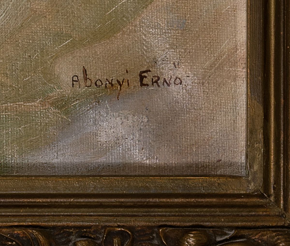 Detail a: Ernö Abonyi, Budapest 1888 - 1941, ungarischer Maler und Grafiker, verschneite Winterlandschaft mit Mädchen im roten Mantel, Öl/Lwd, re. unten ...